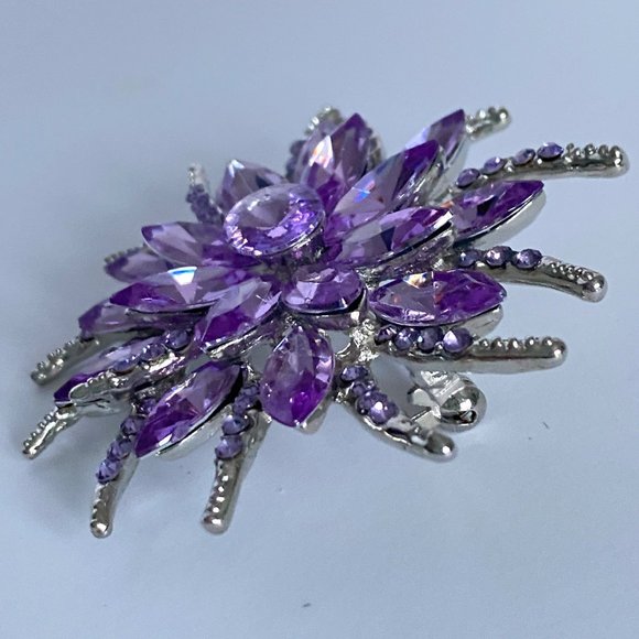 Purple Rhinestones Flower Large Crystal Floral Brooch Silver Tone 2.5in - Picture 6 of 11